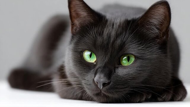 Gray cat, green eyes, relaxing, laying down, looking toward