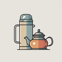 Obraz premium Artistic Flat Design of a Teal and Orange Teapot Beside a Tall Insulated Bottle