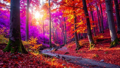 Fototapeta premium Serene forest path glows with vibrant hues, sunbeams pierce through canopy. Autumnal trees create a colorful, magical landscape