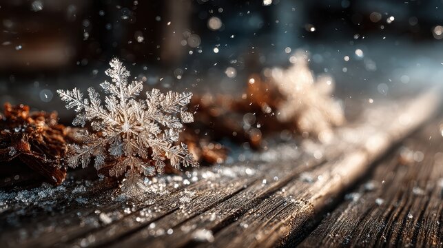 Glittering snowflakes and sparkling snow sit elegantly on rustic wooden boards in the winter sunlight, showcasing the beauty of the season - Powered by Adobe
