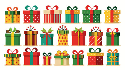 Colorful Christmas gift boxes se. Vector illustration present gift boxes on transparent background. Flat design style