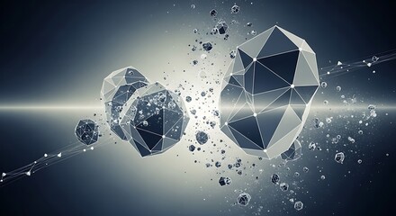 Abstract geometric shapes floating in a digital network, representing data and connection.