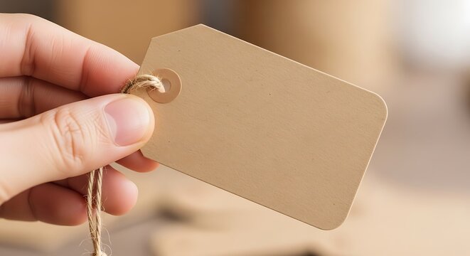 Hand Holding Blank Cardboard Tag with Twine, Label Presentation