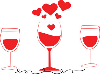 Three Red Wine Glasses with Hearts Floating Above and Connected by Swirls Keywords: wine, glasses, red, hearts, love