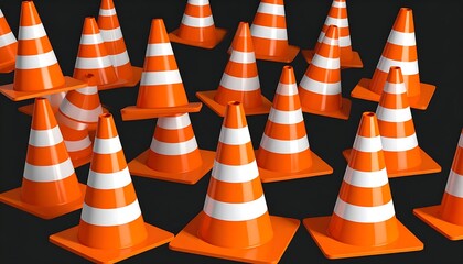 Numerous orange & white safety devices arranged densely on a dark backdrop. Reflective bands are prominent