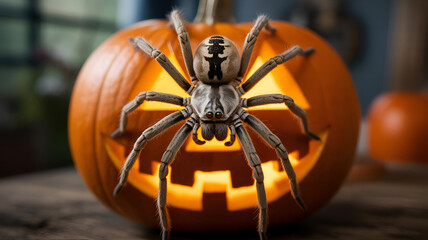 A spider crawling on a jack o lantern with a spooky face for halloween decoration on a wooden table .