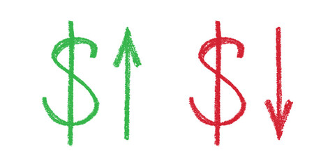 Obraz premium Hand drawn dollar currency symbol Growth and fall profit with arrow up and down Brush stroke doodle Element for design