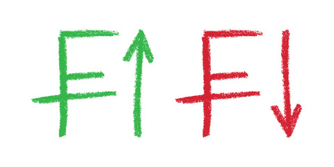 Hand drawn swiss franc currency symbol Growth and fall profit with arrow up and down Brush stroke doodle Element for design