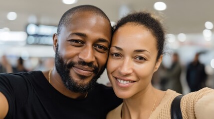 Close-up of an African American couple smiling and capturing a selfie in the airport terminal.