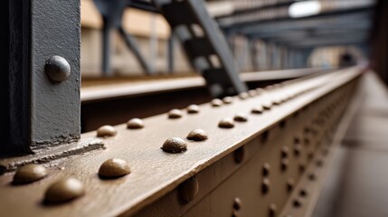 Close-up of an industrial bridge with rivets, showcasing vintage architectural style. 