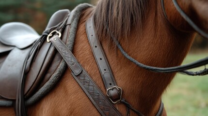 Close-up of leather chaps and reins, with a horse 