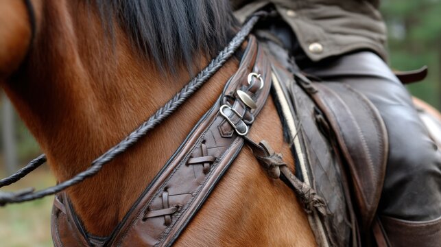 Close-up of leather chaps and reins, with a horse 