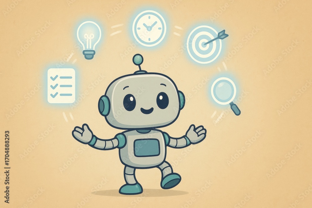 Aufkleber ai automatic task system. a friendly cartoon robot surrounded by icons representing tasks, time, and