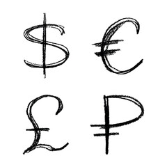 Obraz premium Hand drawn multiple currencies symbol set Dollar euro pound ruble
