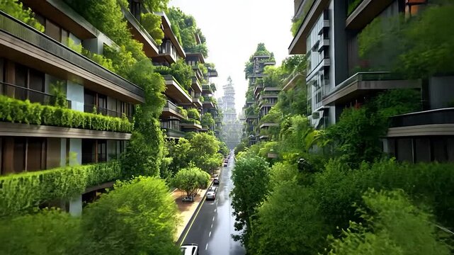 Green city Buildings adorned with lush plants line a wet street