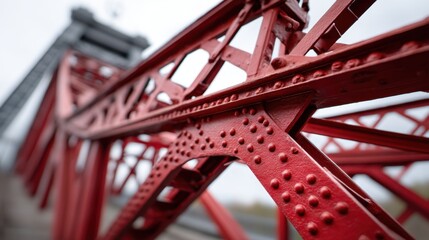Detailed shot of a red steel bridge, showcasing the engineering marvels of the early 1900s. 