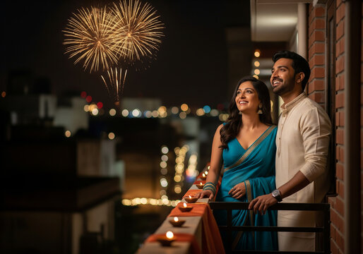 Diwali celebration ware romantic Indian couple in traditional attire watching a fireworks display from their city apartment balcony during celebrating diwali.