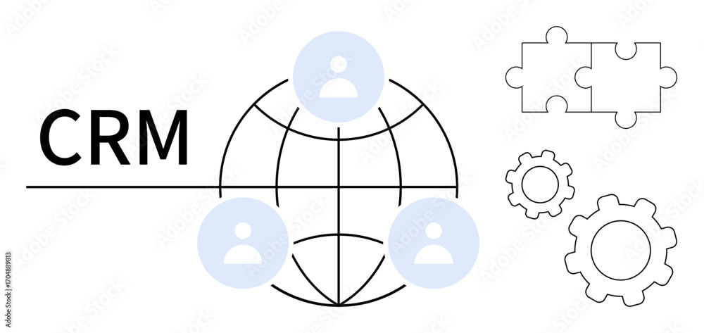 Poster crm text, globe with user icons for worldwide network, puzzle pieces for integration, gears for proc
