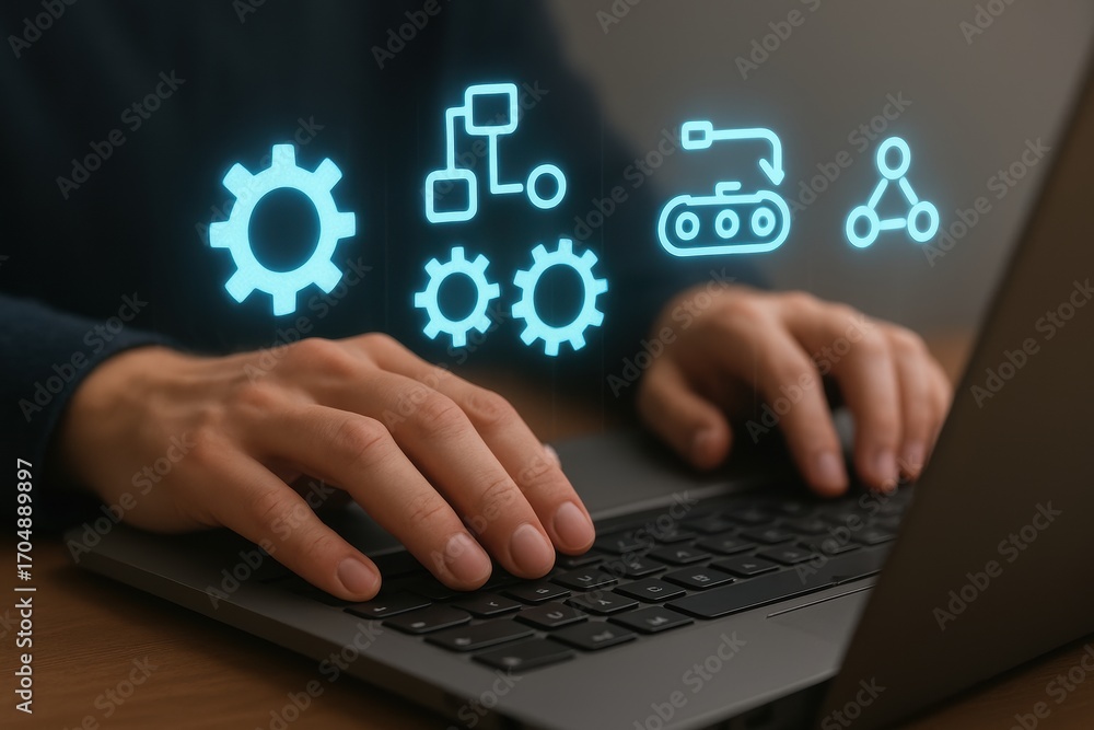 Aufkleber ai automatic task system. hands typing on a laptop with digital automation icons displayed above.