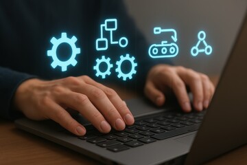 AI automatic task system. Hands typing on a laptop with digital automation icons displayed above.