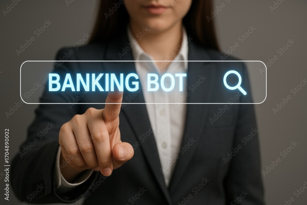 Aufkleber ai automatic task system. business professional interacting with digital banking technology interfac