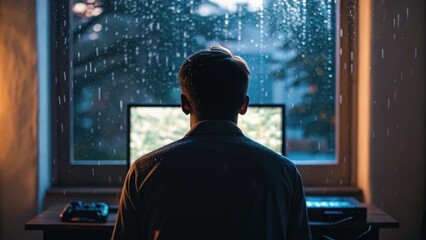 A person sits in front of a computer, illuminated by the screen, while rain falls outside, creating a moody and introspective atmosphere.