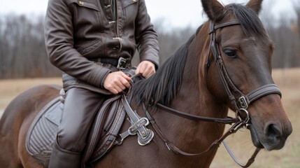 Horseback rider wearing brown leather chaps, reins in hand