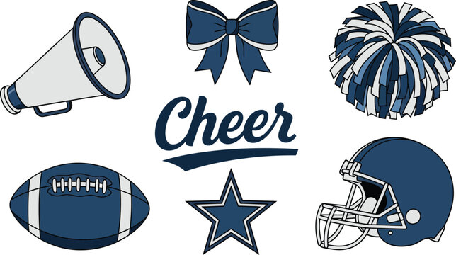 Energetic cheerleading elements for sports and school spirit, including megaphone, pom-pom, and football.