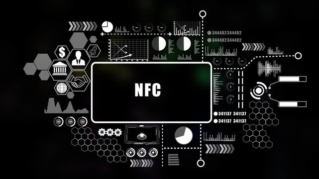 Futuristic blue HUD interface with NFC text and glowing circular elements on a map background technology