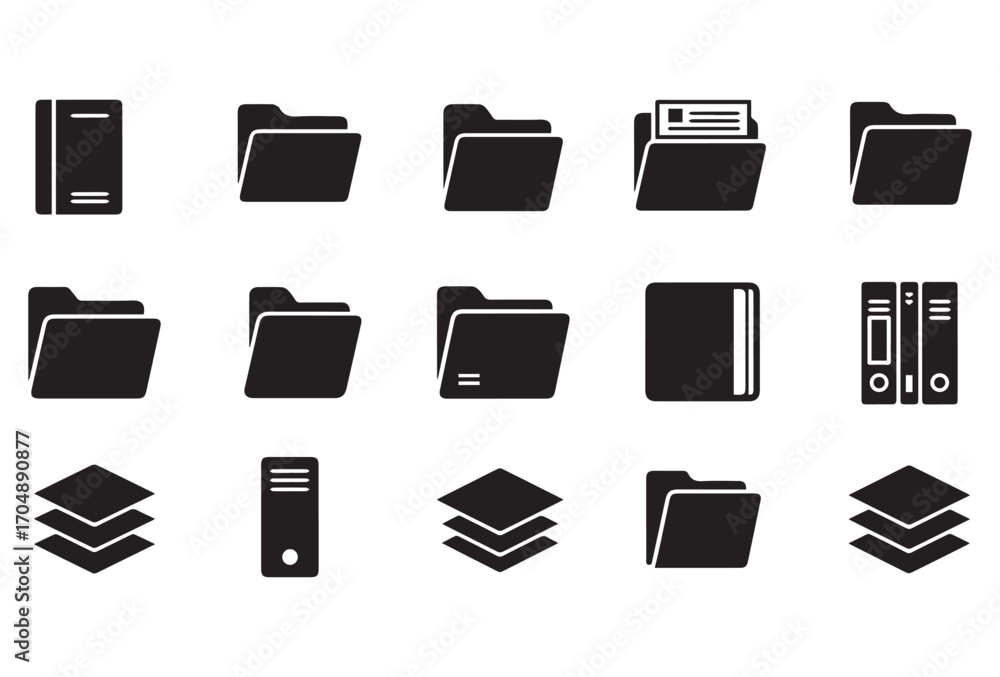 Poster a versatile black folder icon set showcasing multiple folder variations, documents, and stacked elem