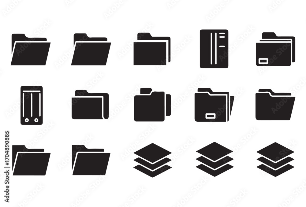 Poster a versatile black folder icon set showcasing multiple folder variations, documents, and stacked elem