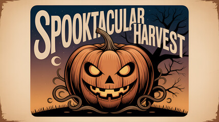 Spooktacular harvest poster with a grinning jack o lantern and bare tree branches in the background .