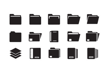 A versatile black folder icon set showcasing multiple folder variations, documents, and stacked elements. Each symbol is crafted in a flat, minimalistic style, making them suitable for web design, app