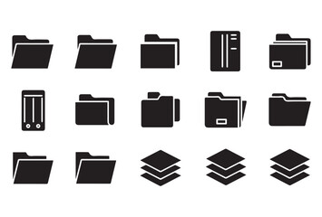 A versatile black folder icon set showcasing multiple folder variations, documents, and stacked elements. Each symbol is crafted in a flat, minimalistic style, making them suitable for web design, app