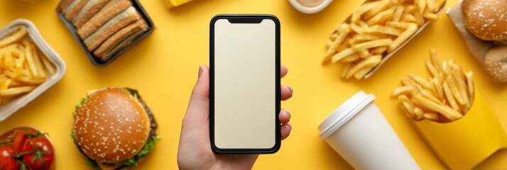 Hand holding phone with blank screen amid fast food on yellow backdrop