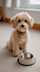 Small fluffy poodle dog sitting near food bowl on carpet in bright living room 
