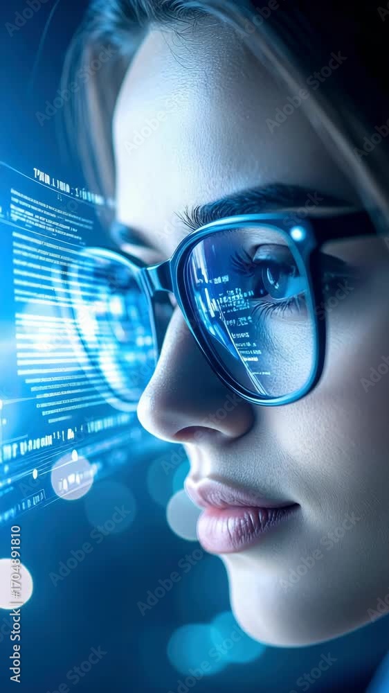 Poster woman wearing glasses looking at computer screen with digital data and code reflecting in her eyes i