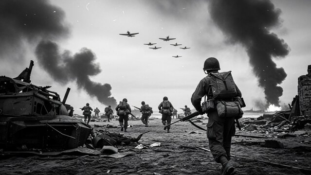Soldiers storm beach under fire, planes overhead, smoke rises