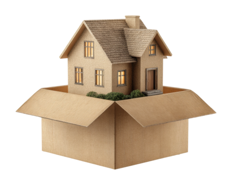 Moving your home cardboard house model creative concept isolated on transparent background