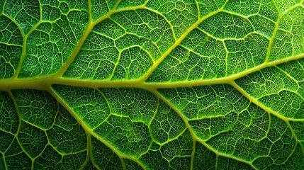 Close up reveals intricate veins and cellular structure of a vibrant green and blue leaf against a dark grey background