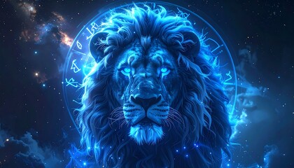 Mystical Blue Lion Zodiac Symbol with Cosmic Background.