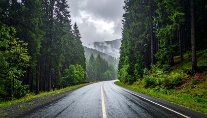 Winding asphalt road through a dense forest under a cloudy sky. Mountains appear in the misty background