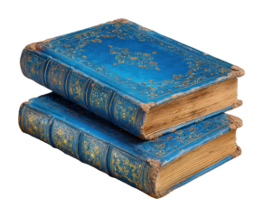 Decorative antique blue books vintage stacked literature collection isolated on transparent background