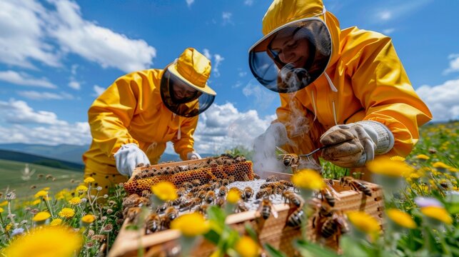 A shot of a family (mother, father, teen) in protective bee suits working together with beehives in a sunny field of wildflowers