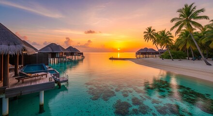 Luxury tropical resort with overwater bungalows and infinity pool, turquoise ocean lagoon with palm tree island, exotic travel background