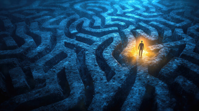 Person standing at maze entrance glowing light blue labyrinth decision challenge mystery hope path solitude night