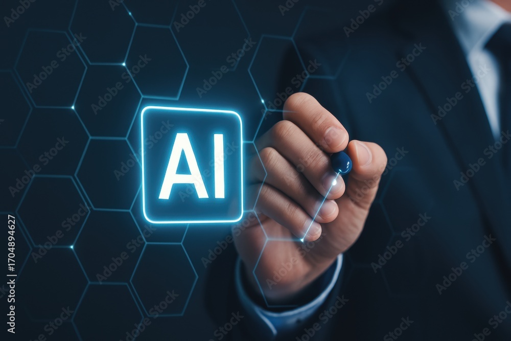 Aufkleber ai automatic task system. hand interacting with a glowing ai symbol on a digital hexagonal backgroun