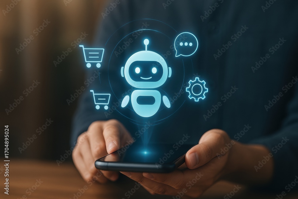 Aufkleber ai automatic task system. a person using a smartphone with a chatbot interface and shopping icons pr