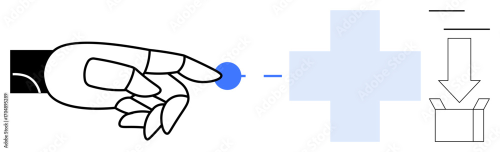 Poster robotic hand pressing blue button beside a plus symbol and downward arrow pointing into a box. ideal