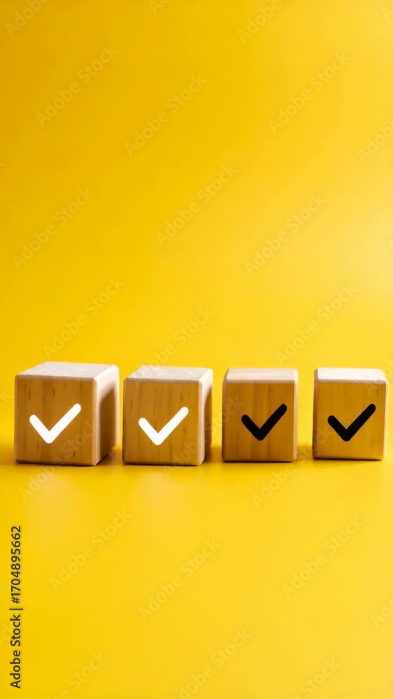 Poster wooden cubes displaying check mark symbols arranged on a vibrant yellow background representing conf